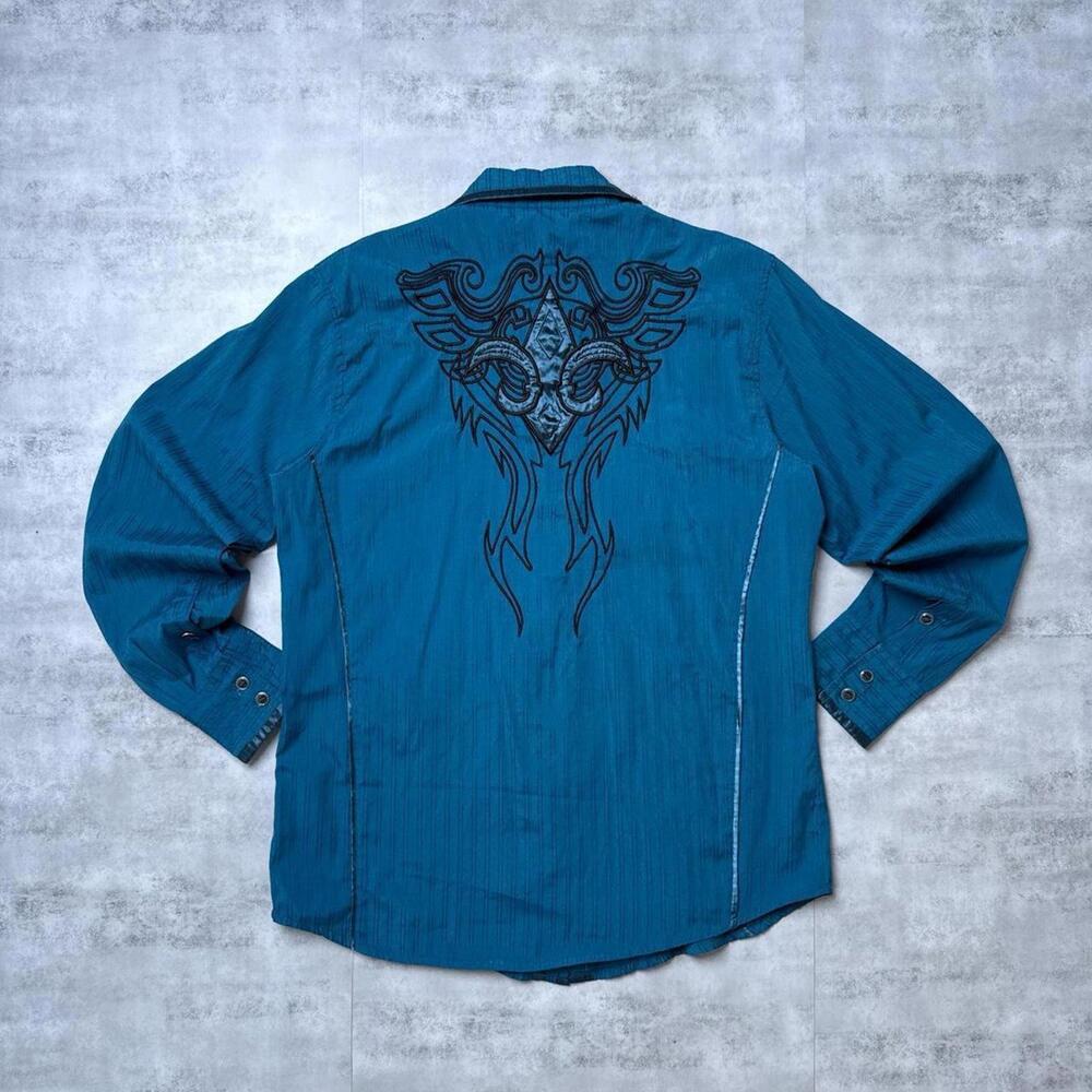 Y2K Affliction Blue Lamasimi Jeans Company Button up shirt - Picture 2 of 8